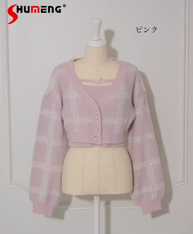 

Japanese Mines Style Mass-produced Sweet Soft Girl Sling Top V-neck Long-sleeve Plaid Knitted Short Cardigan for Women 2 Pcs Set