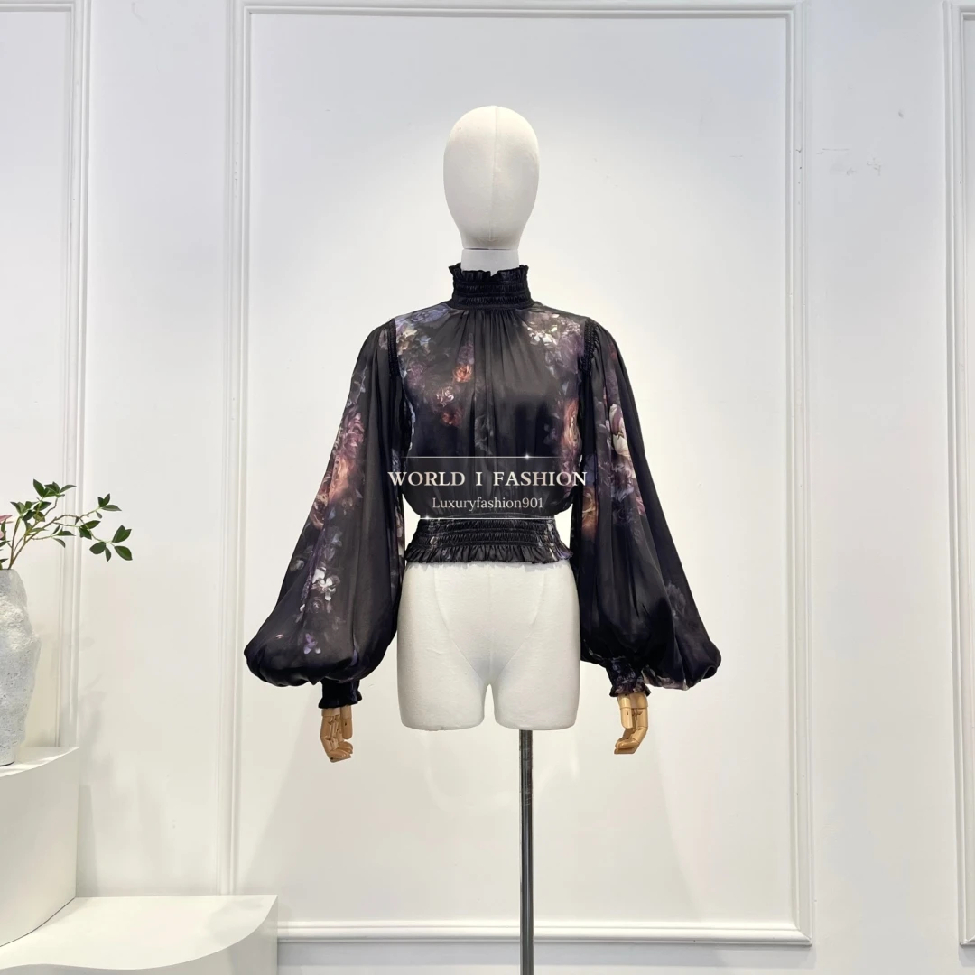 Black Floral Print Long Sleeve Blouse Tops and Midi Skirt Set 2025 New Design