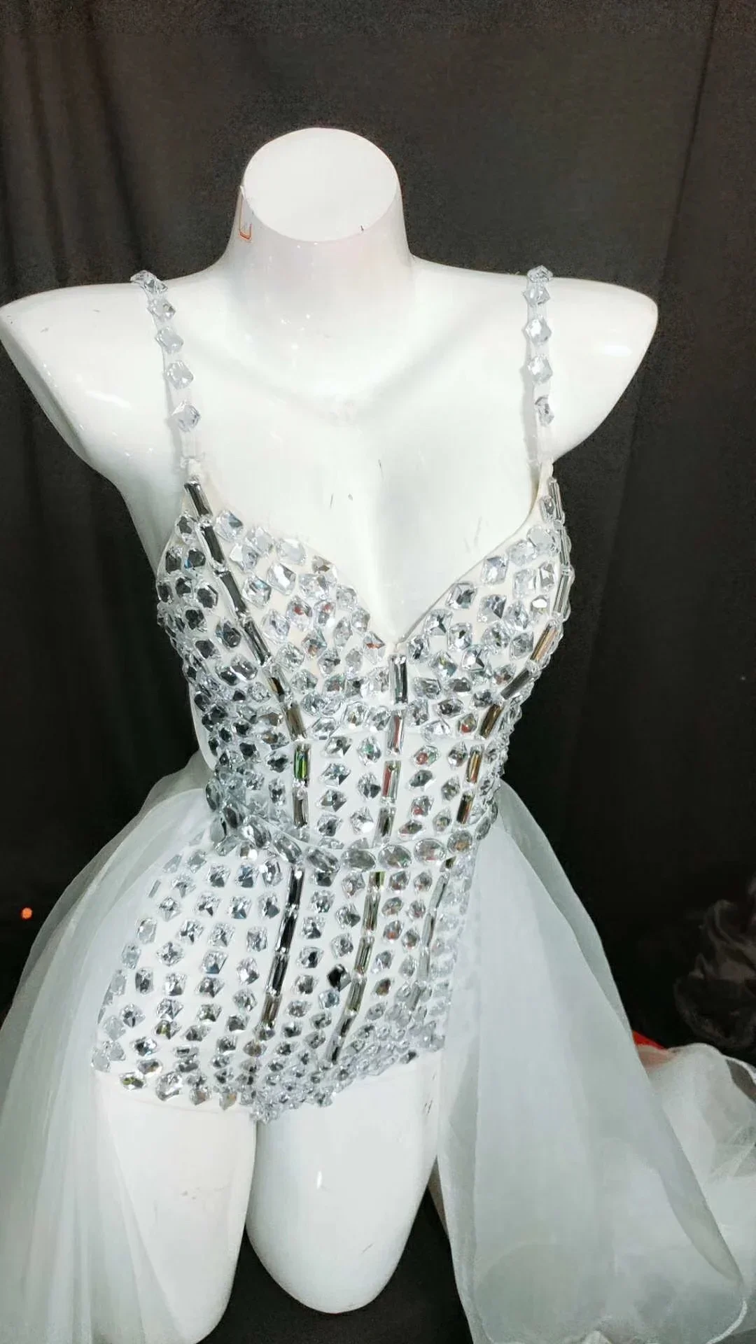 반짝이는 라인스톤 여성 바디수트 폴댄스 화이트 메쉬 민소매 점프수트 나이트클럽 가수 무대 공연 의상