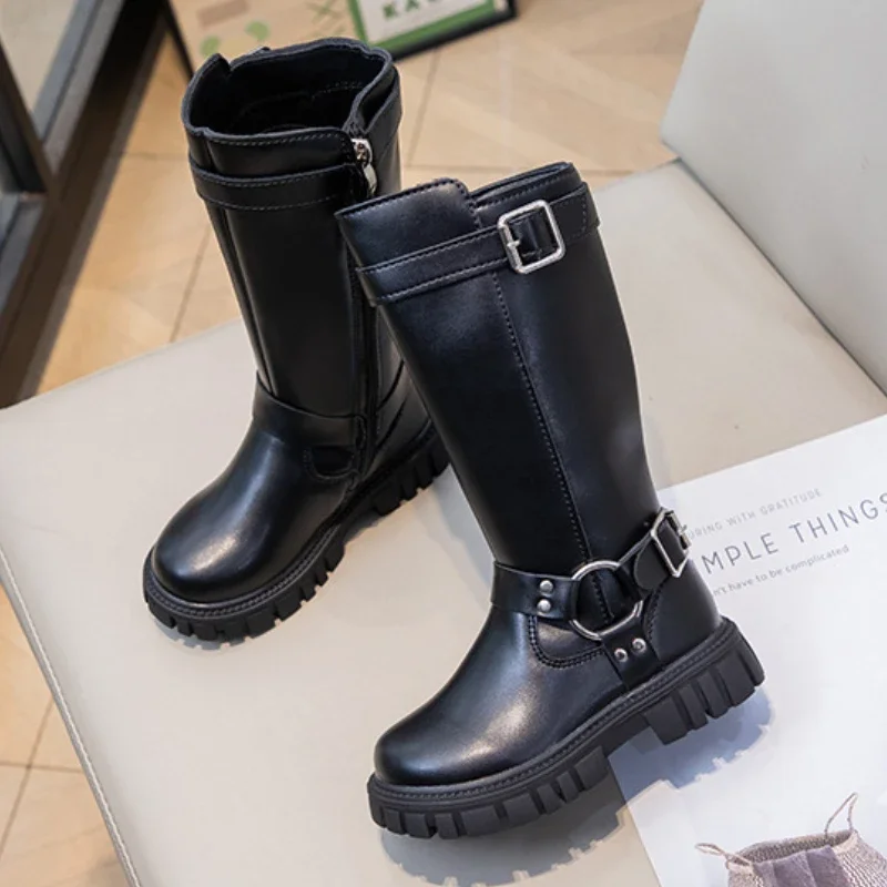 Winter Kids Fashion Boots Black School Girls Catwalk Boots Matte PU Non-slip Children Causal Cotton Boots Long High Versatile