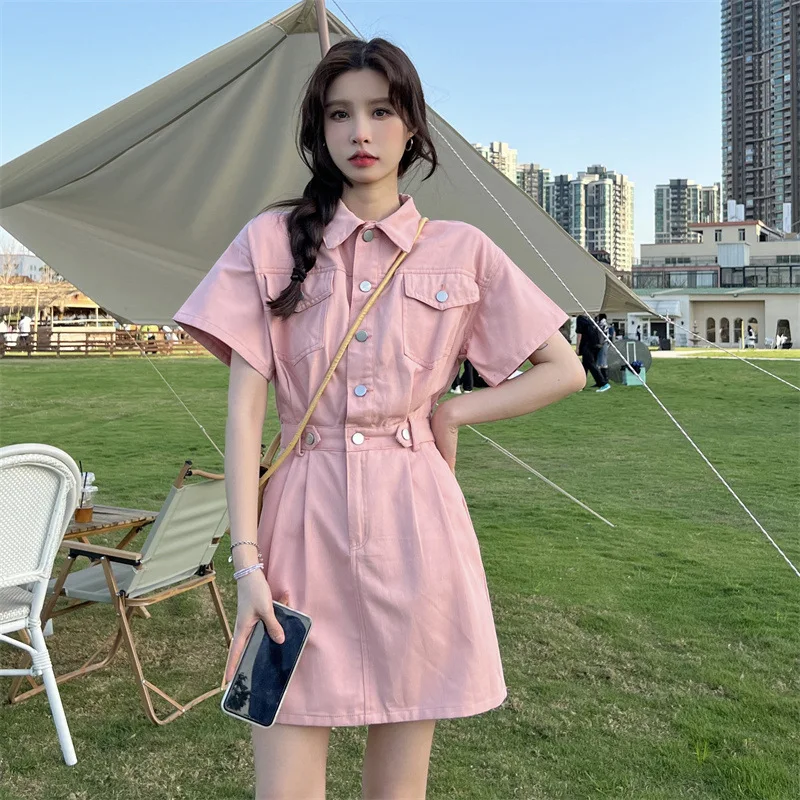 Summer Dopamine Pink Women's Denim Dress Short Casual Fashion Temperament Slim Fitting Waist Single Breasted A-line Dresses