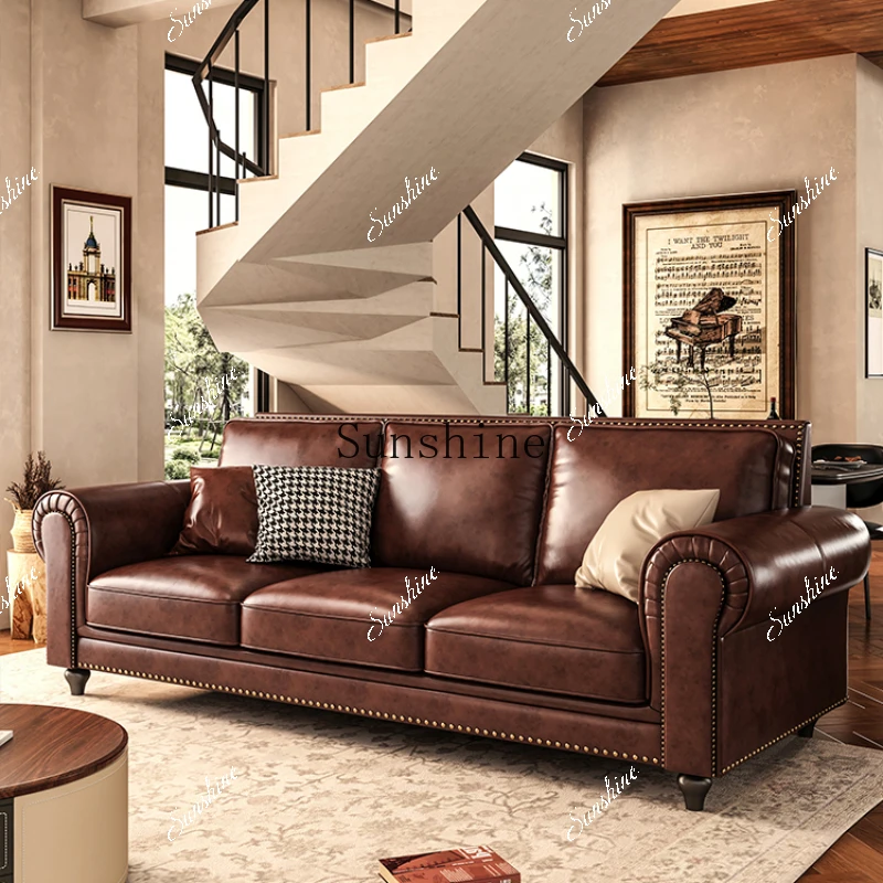 American oil wax leather first layer cowhide sofa small apartment straight row brown retro living room furniture  FT