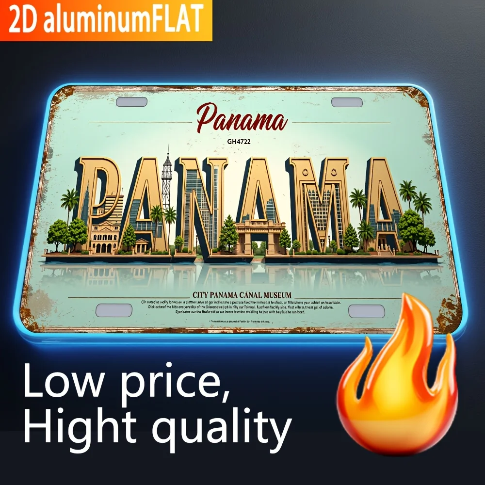2D Flat  1pc Vintage Aluminum Wall Decor | Panama City Skyline and License Plate Design,Vintage Metal Sign, Suitable for Home