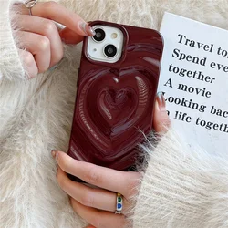 Luxury 3D claret Love Heart Pleated design Phone Case Compatible For iPhone 13 12 11 14 Pro Max Stylish Shockproof Soft Cover