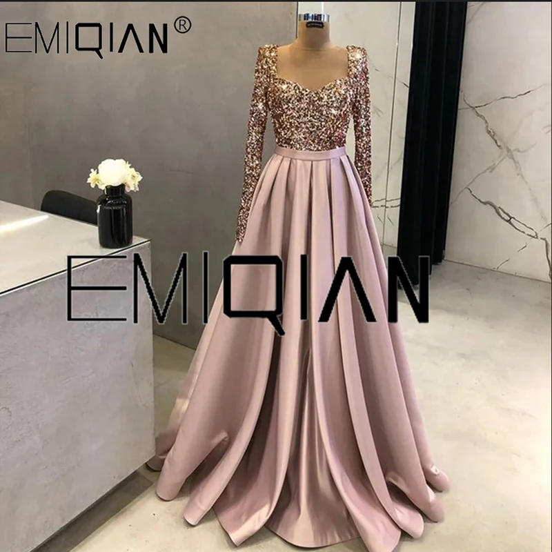 

Luxury Long Sleeve Evening Dresses for Women Sweetheart Satin and Sequin Prom Party Gown Robes De Soirée