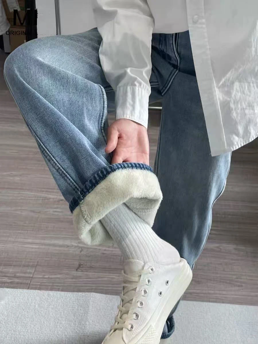 

plus Size Fce Lined Thi Denim Jeans Women Winter Pear ape Loose High Waist Slim Straight Leg Wide Leg Pants