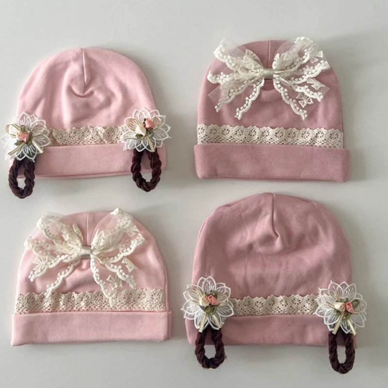 

Baby Pullover Hat Autumn/Winter Girls Princess Wig Braided Beanie Caps Fashionable Lace Decor Headguard Hospital Hats