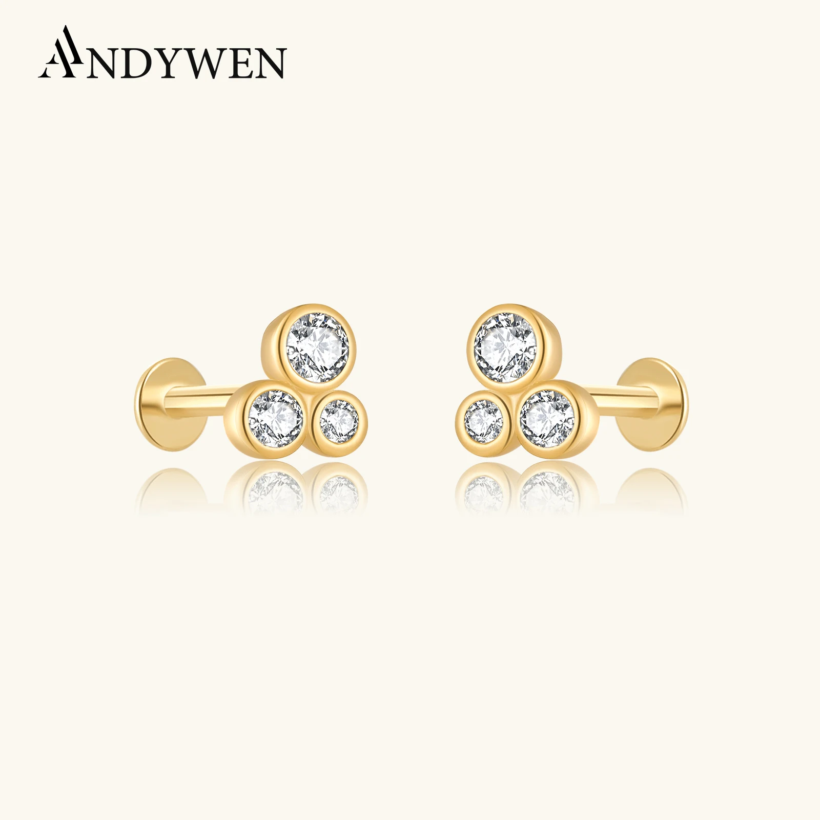 

ANDYWEN, золотые серьги-гвоздики из стерлингового серебра 925 пробы с тремя цирконами, крошечные серьги-гвоздики для пирсинга Pendiente 2021, роскошные ювелирные изделия, драгоценности в стиле рок-панк