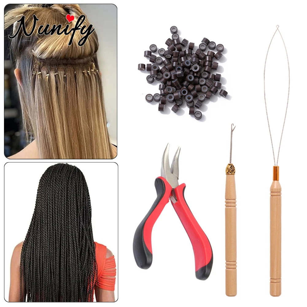 

Hair Extension Install Kit Set 1 Remover Beading Micro Ring Plier 100Pcs 5*3*3Mm Micro Nano Rings 2 Hook Needle Pulling Loop