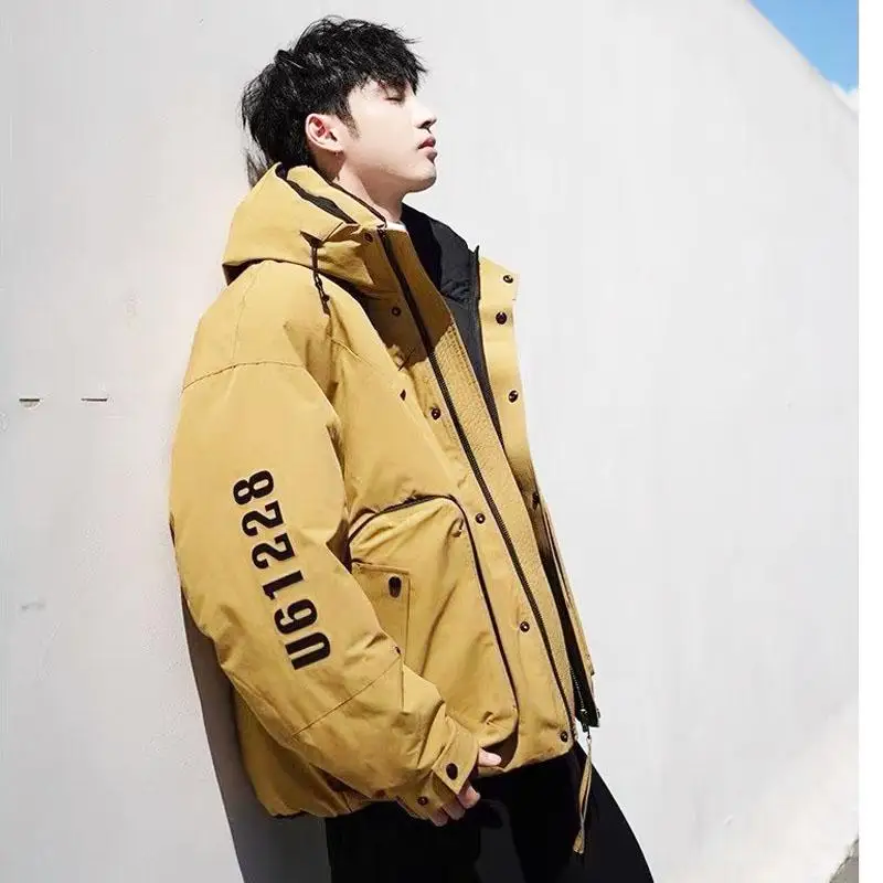 

Thiened Outdoor Men's down Jaet White Du Feather Hooded Workwear Coat Design Windproof Youth Faion Polyester Fiber