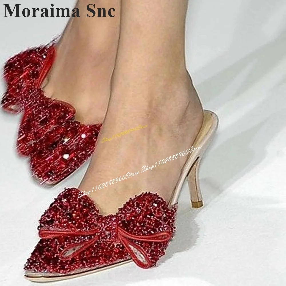 Sparkling Gold Crystal Butterfly Knot Luxury Slippers Low Heel Women Shoes Slip On Pointed Toe 2024 Fashion Zapatos Para Mujere