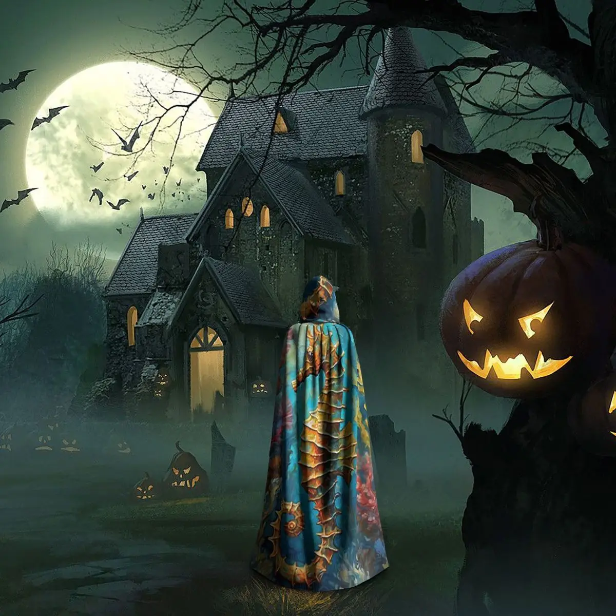 Seahorse Amongst Vibrant Corals And Swaying Seaweed Long Hooded Cloak Witch Costume Cosplay Cape HalloweenCoat Adult Unisex
