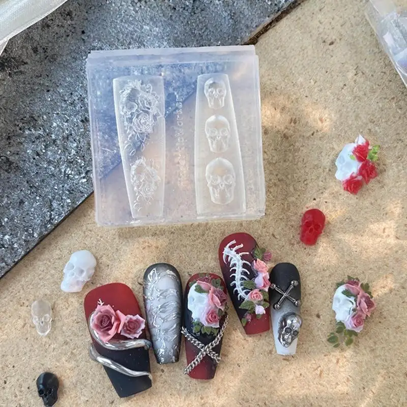 "قالب سيليكون لفن الأظافر على شكل جمجمة وردية ثلاثية الأبعاد، أداة مانيكير بنمط الأزهار، قالب شفاف لتزيين فن الأظافر