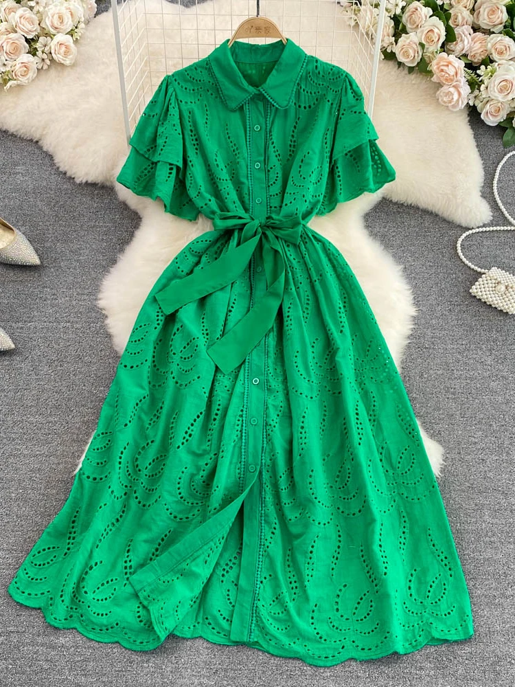 Summer Retro Long Dress Wmen Lapel Flared Sleeve Single Breasted Hook Flower Hollow Out A-line Dresses Ladies Elegant Long Robe