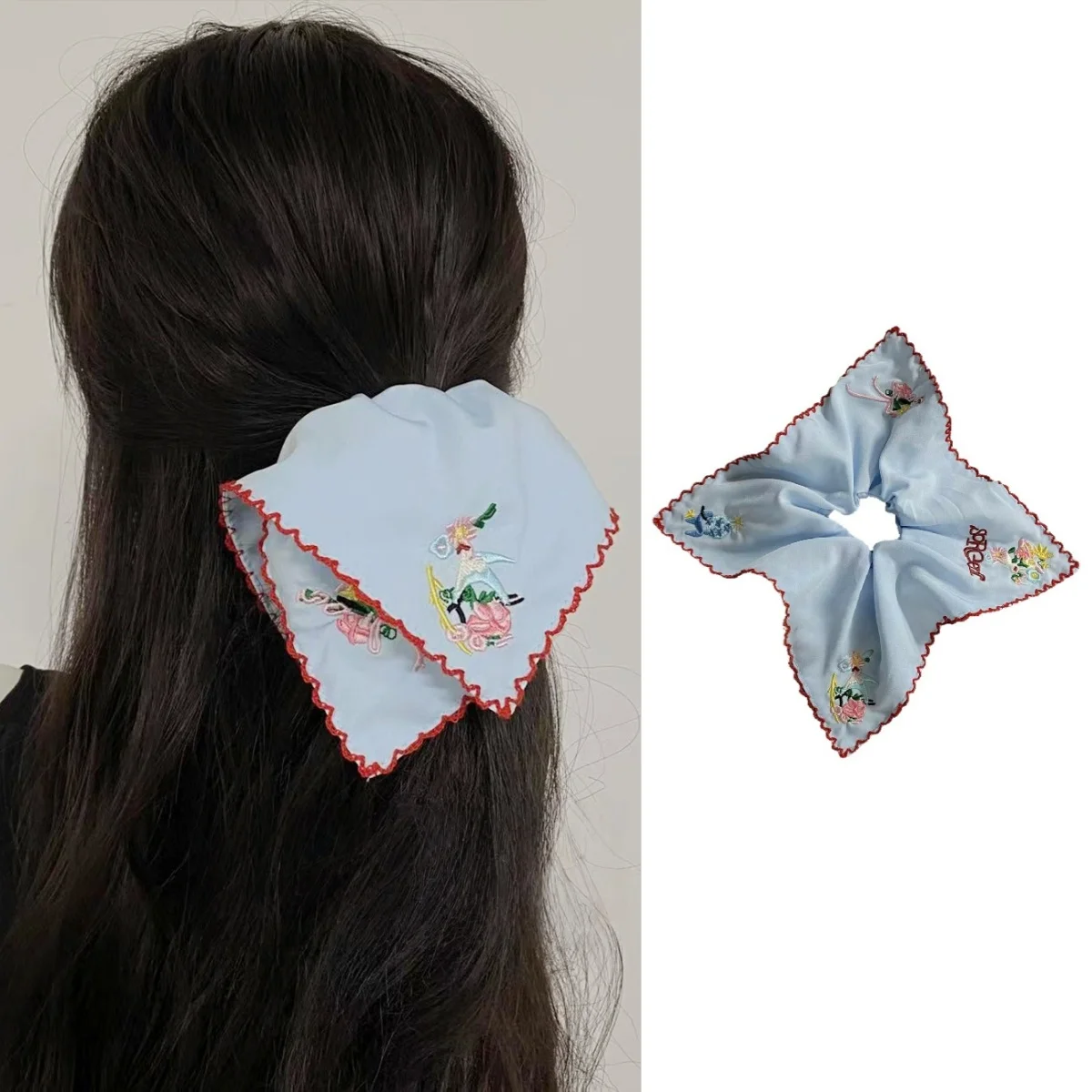 1 bufanda cuadrada de flores bordadas azules, cuerda para el cabello con temperamento de nicho literario y Retro para atar colas de caballo, accesorio para el cabello