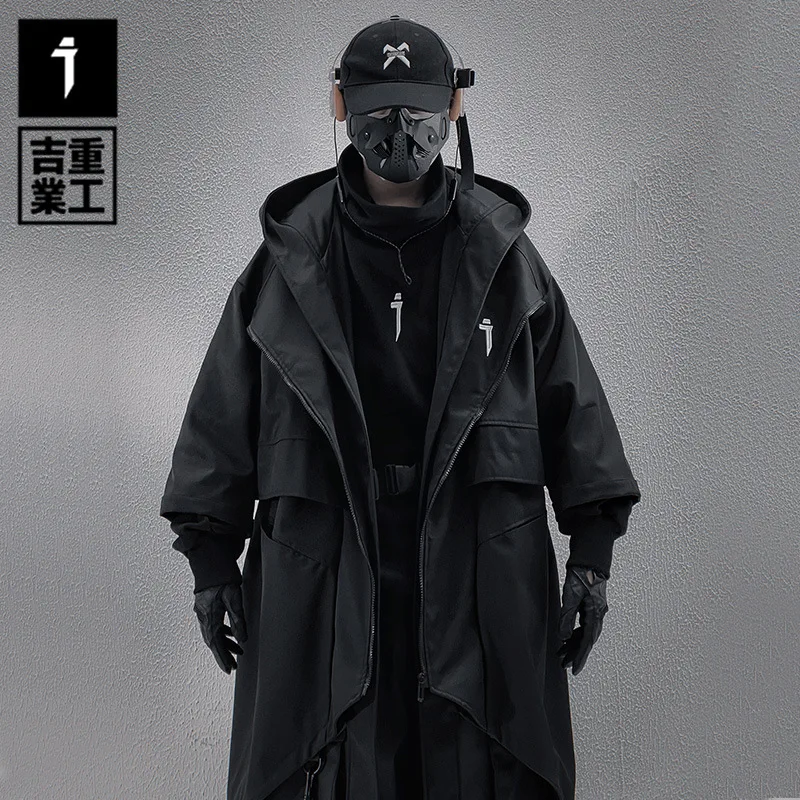 2024 New Arrival Irregular Design Tactical Function Trench Coat Mens Clothing Y2K High Street Mid-length Techwear Outerwear