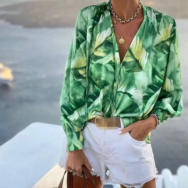 

Women's V-ne Long Sve n Print Casual irt Street Sle Straight Cut Cotton Ropa Blusa Casual Manga Largo