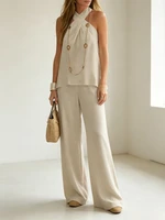 2026 New Women  Two Piece Set Women's Matching Sets Twist Halter Neck Sleeveless Wide Leg Pants Casual Summer Vacation Outfits - Image 6