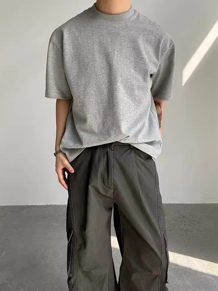 Cleanfit Light Grey Short Sleeve round Neck Men's T-shirt Rigorous American Retro Style Summer Fashionable Standard Fit Tee