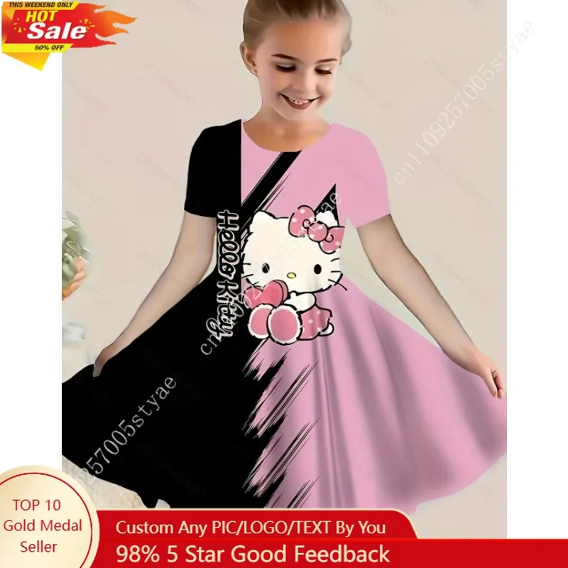 

Hello Kitty Summer Girls' Dress Short Sleeved Children's Cartoon Print Clothes Soft Outfit