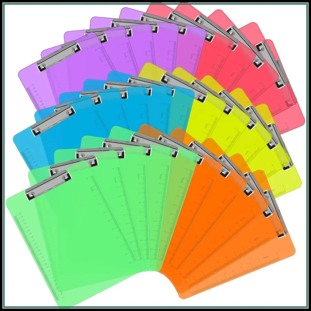 

30 Pack Clear Colored Clipboards, Low Profile 12.5 x 9 Inch Standard Letter Size, Plastic Clipboards for Office School Supplies