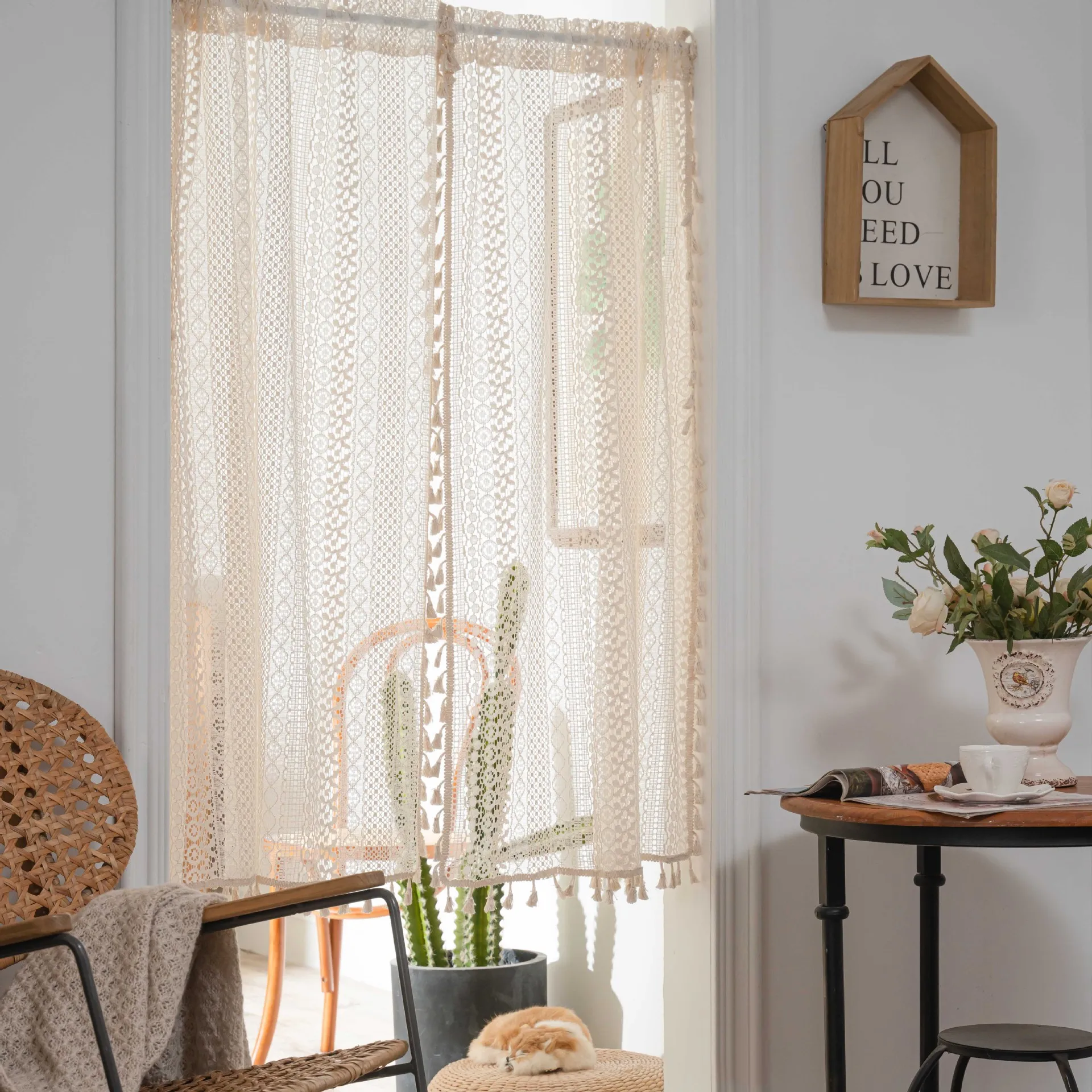 Boho Lace Door Curtain Semi-Sheer Hollow Handmade Tassels,Rod Pocket Vintage Rustic Farmhouse Door Curtain for Living Bedroom