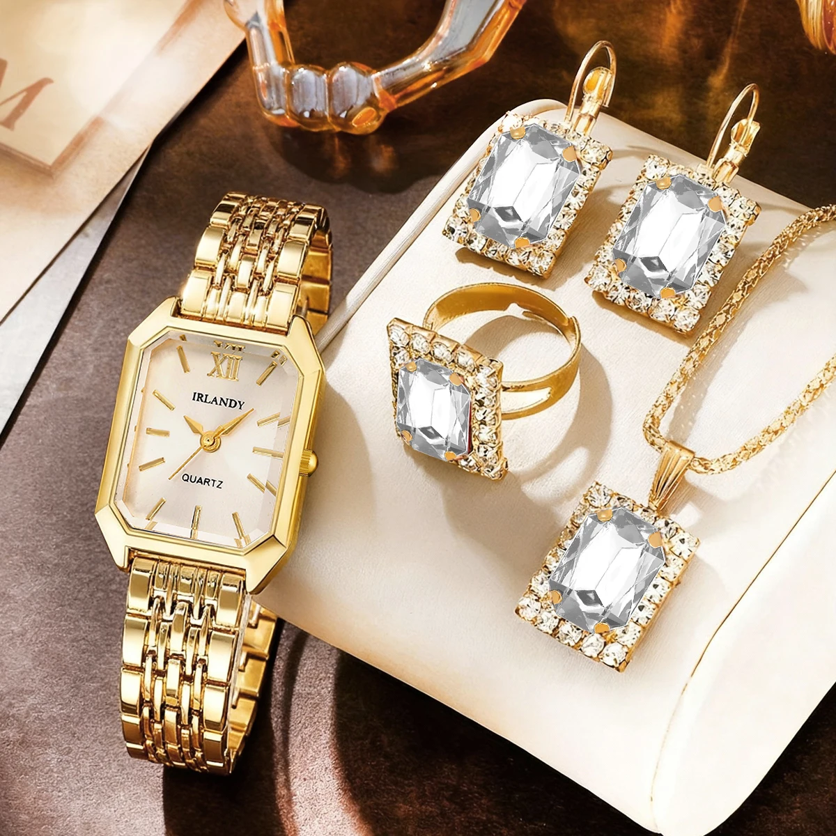5pcs retro style square dial pointer quartz watch and accessory set for women's watches and gifts