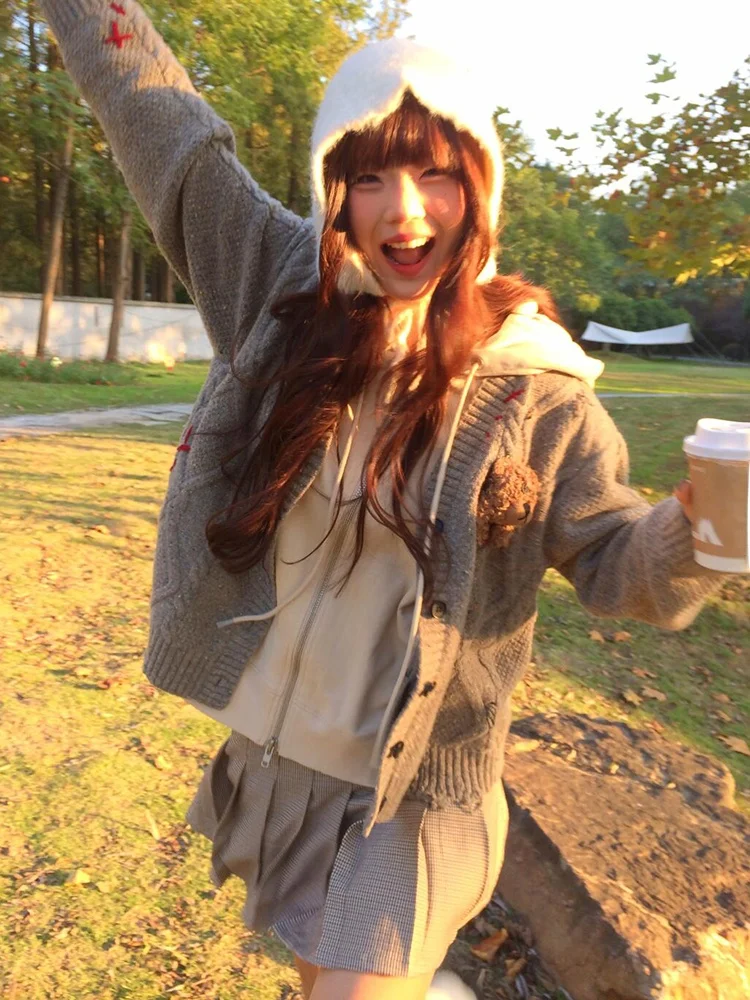 

American College Sle Women's Open Cardigan Sweater Autumn Winter New Knitted Loose Hat Floral Tassel Zipper Coat ay Syste...