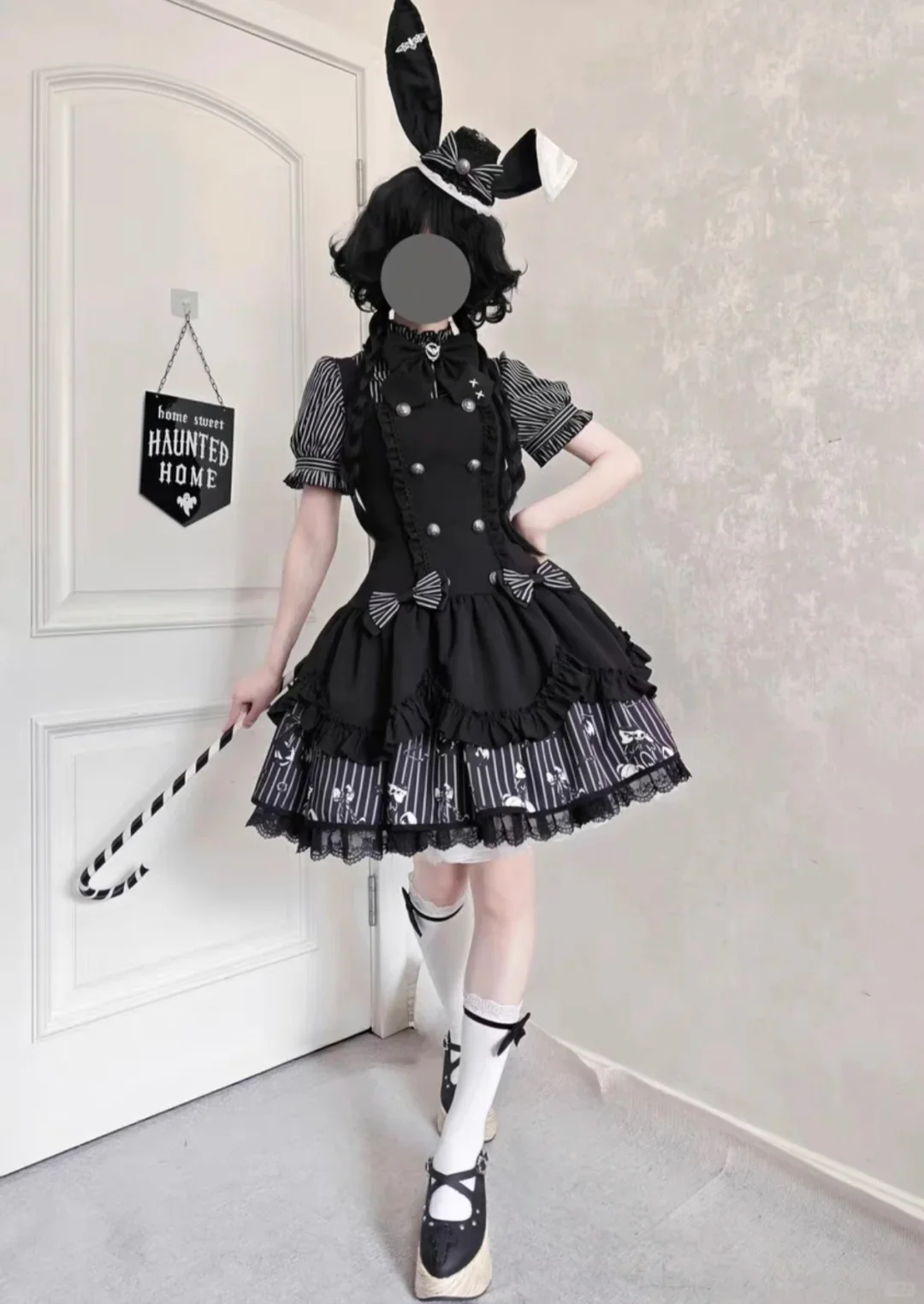 2026 Gothic Striped Lolita Dress Set Women Puff Sleeve Stripe Blouse+Chic Suspender Dress Female Dark Lace Princess Retro Outfit image 3