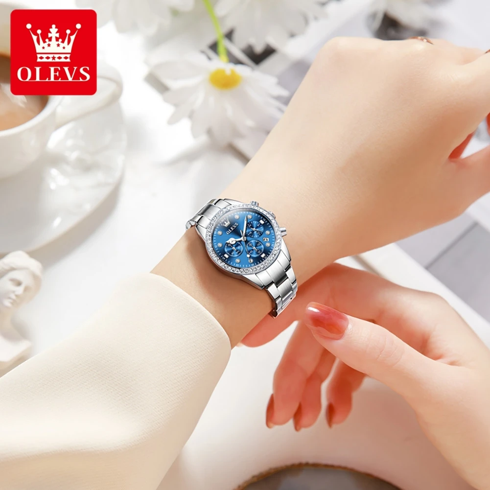 OLEVS Women Watches Top Brand Luxury Silver Blue Ladies Watch Stainless Steel Band Classic Bracelet Female Clock Relogio