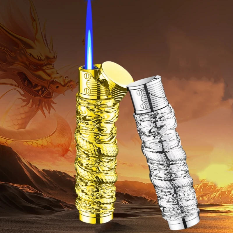 New Metal Windproof Inflatable Lighter Portable Jet Blue Flame Butane Relief Three-dimensional Dragon Lighter Men's Gift