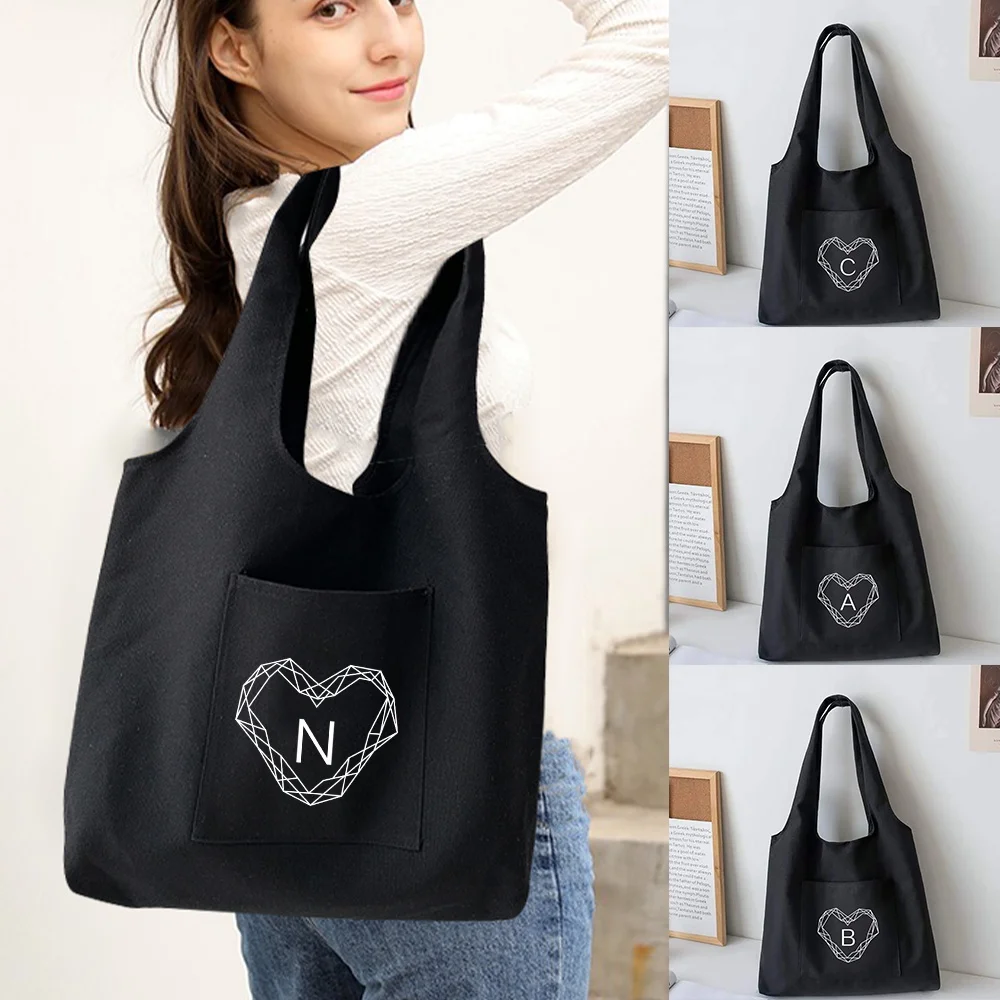 Ladies' Storage Bag Canvas Handbag New Diamond Letter Printed Shoulder Bag Reusable Shopping Bag