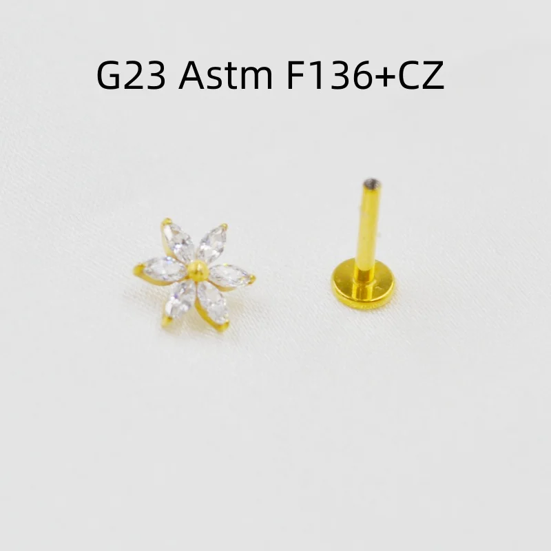 

Lot10pcs G23 Titanium Astm F136 Flower 6CZ Lip Labret Ring Bar Ear Cartilage Helix Rook Tragus Studs 16G Body Piercing Jewelry