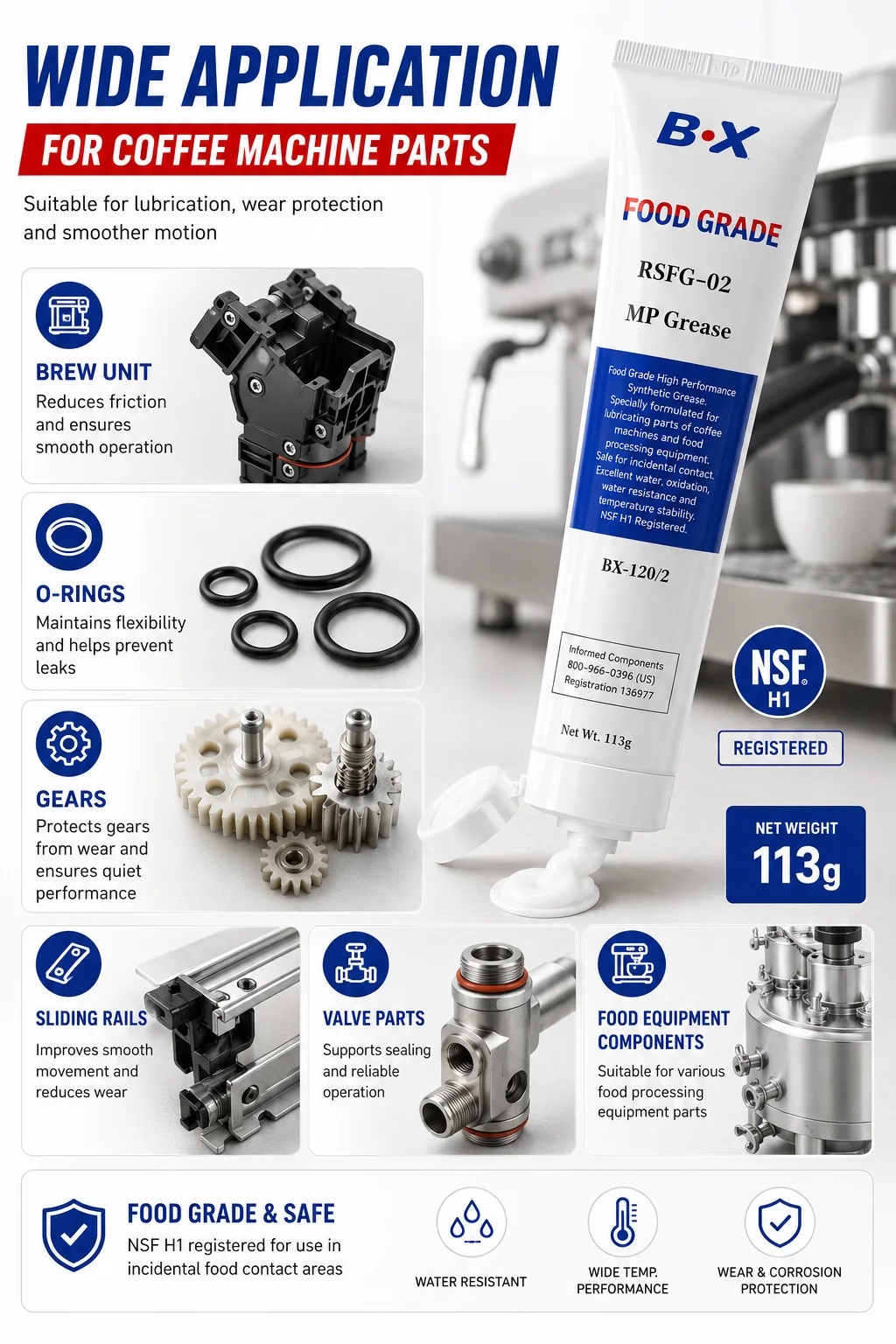 B·X RSFG-02 Kaffeemaschinen-Schmierfett Lebensmittelqualität NSF H1 Schmiermittel für Espresso-Brühgruppe O-Ring Zahnrad 113g – Detail 6