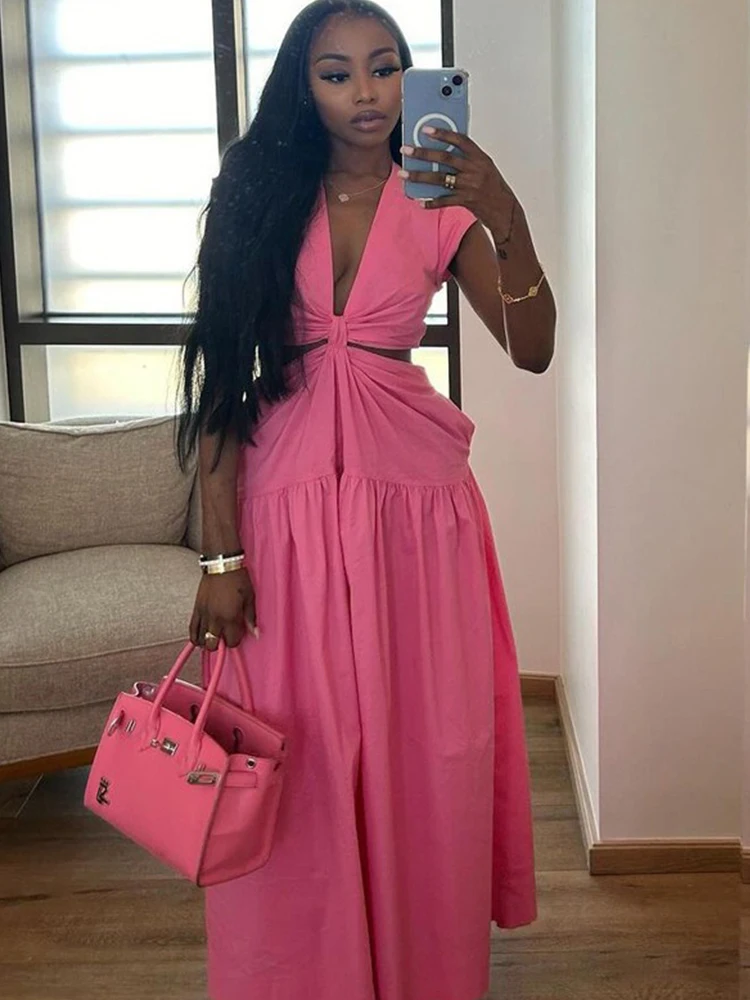 Damska Urocza Różowa Seksowna Sukienka Francuska Bez Rękawów Letnia Sukienka z Wycięciem w Talii Dekolt V Elegancka Długa Sukienka Damska
