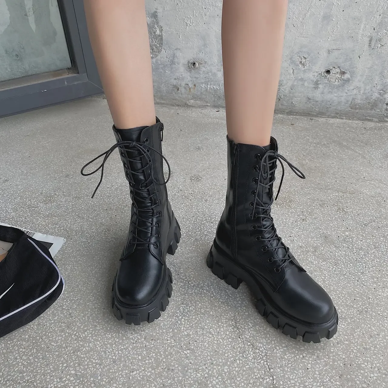 Women Motorcycle Boots Wedges Flat Shoes Woman Spring High Heel Platform Leather Autumn Boots Lace Up Shoes Black Girls Platform