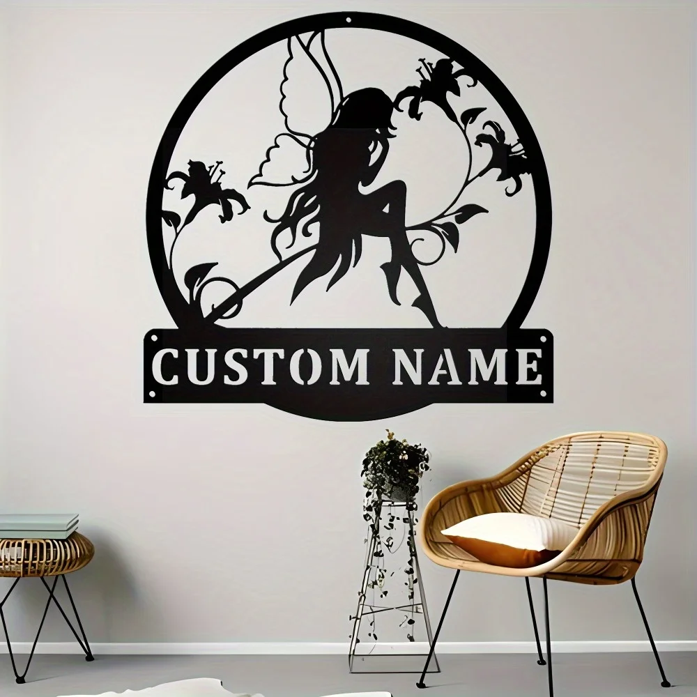 

1pc Metal Customizable Fairy Silhouette Wall Art with Personalized Family Name Reusable Matte Pre - Adhesive No Power Required