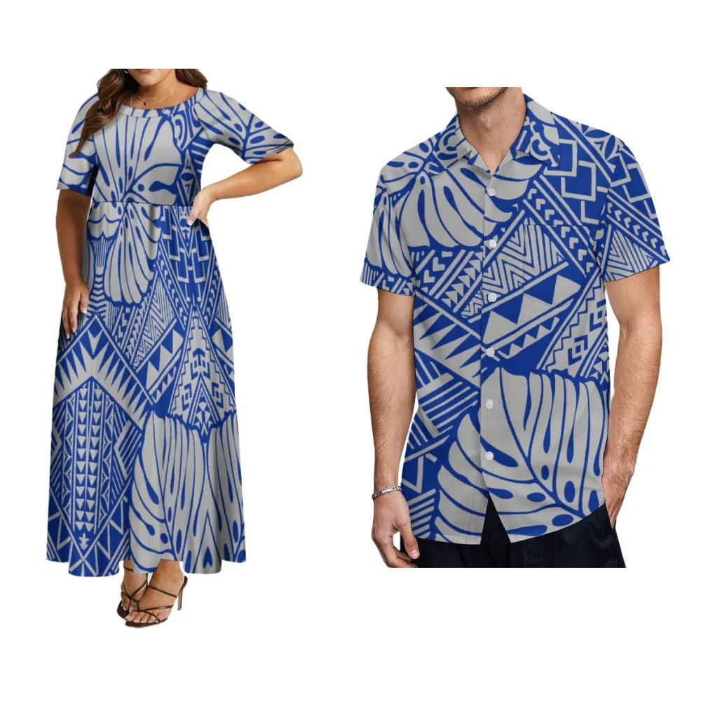 2023 Polynesische Vintage Paar Set Dames Jurk Heren Shirt Zomer Cool Korte Mouw Grote Rok Jurk Custom Patroon