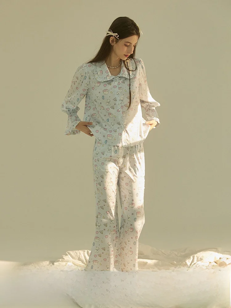 

Романтический комплект для женщин: ночная сорочка с принтом "Meow eep Amusement Park", с воротником-куклой, длинными рукавами, из атласа, с завышенной талией и расклешенными брюками.