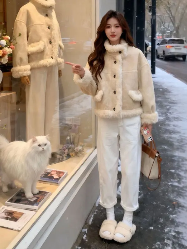 

Корейская утепленная куртка из овечьего меха, зимнее пальто из кожи и меха для женщин, укороченное, с воротником-стойкой, длинными рукавами, на пуговицах