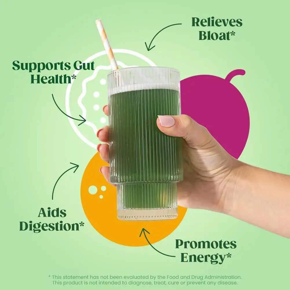 بلوم جرينز آند سوبر فودز نكهة فاكهة البرتقال إنزيمات الجهاز الهضمي تدعم الهضم والانتفاخ والخضر للطاقة للعافية