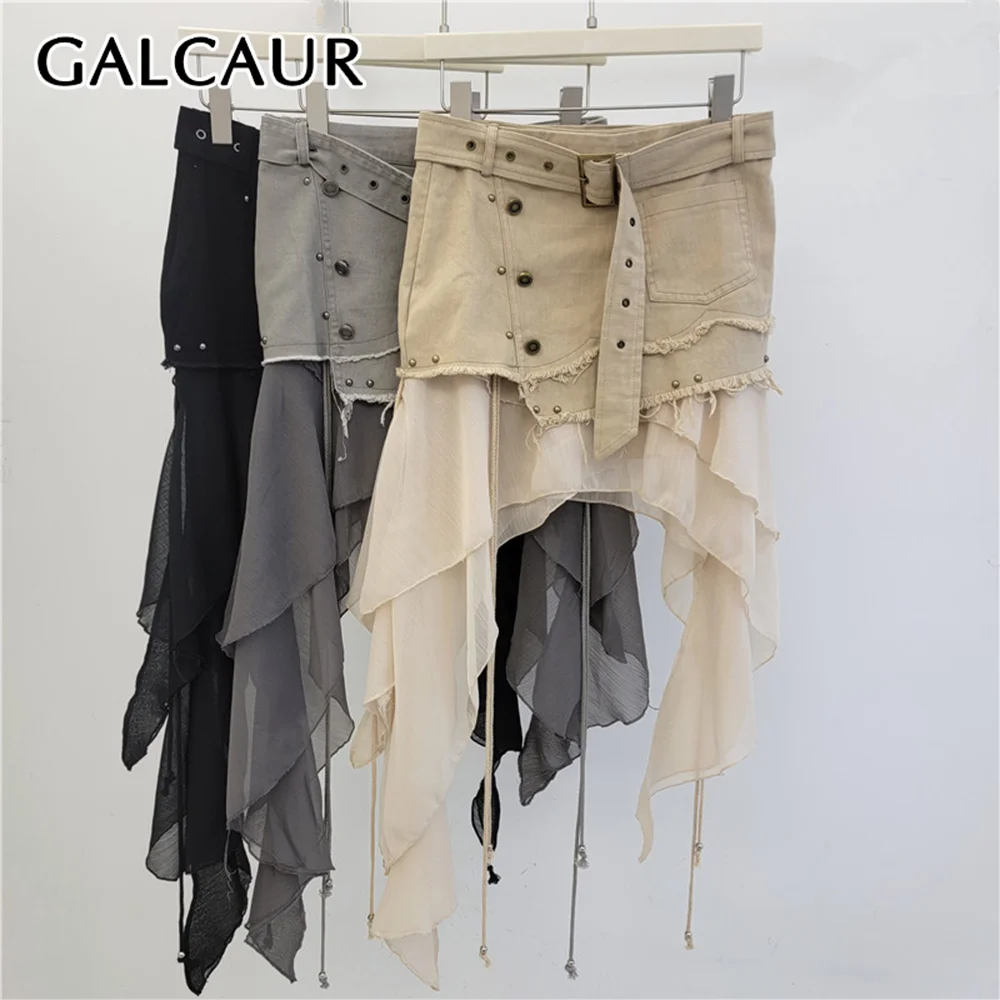 GALCAUR Solid Slimming Spliced Ruffles Fold High Street Skirt for Women Patchwork Beading Irregular Skirts Female Fashion New