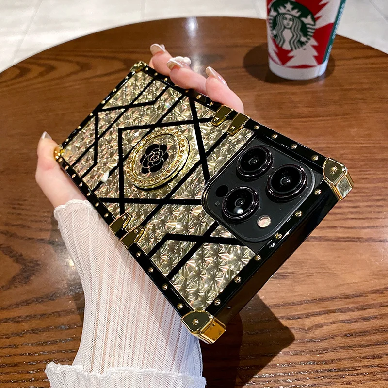 Gold Upscale Luxurious Ring Holder Square Phone Case For Samsung Galaxy S23 S22 S21 S20 S10 Plus + Ultra Fe Note 8 9 10 20 Cover