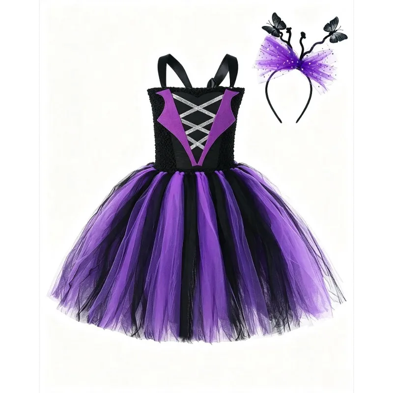Halloween Girls Black Purple Tutu Dress Layered Tulle Sling Gown Kids Birthday Party Wear with Butterfly Headband Accessory Set