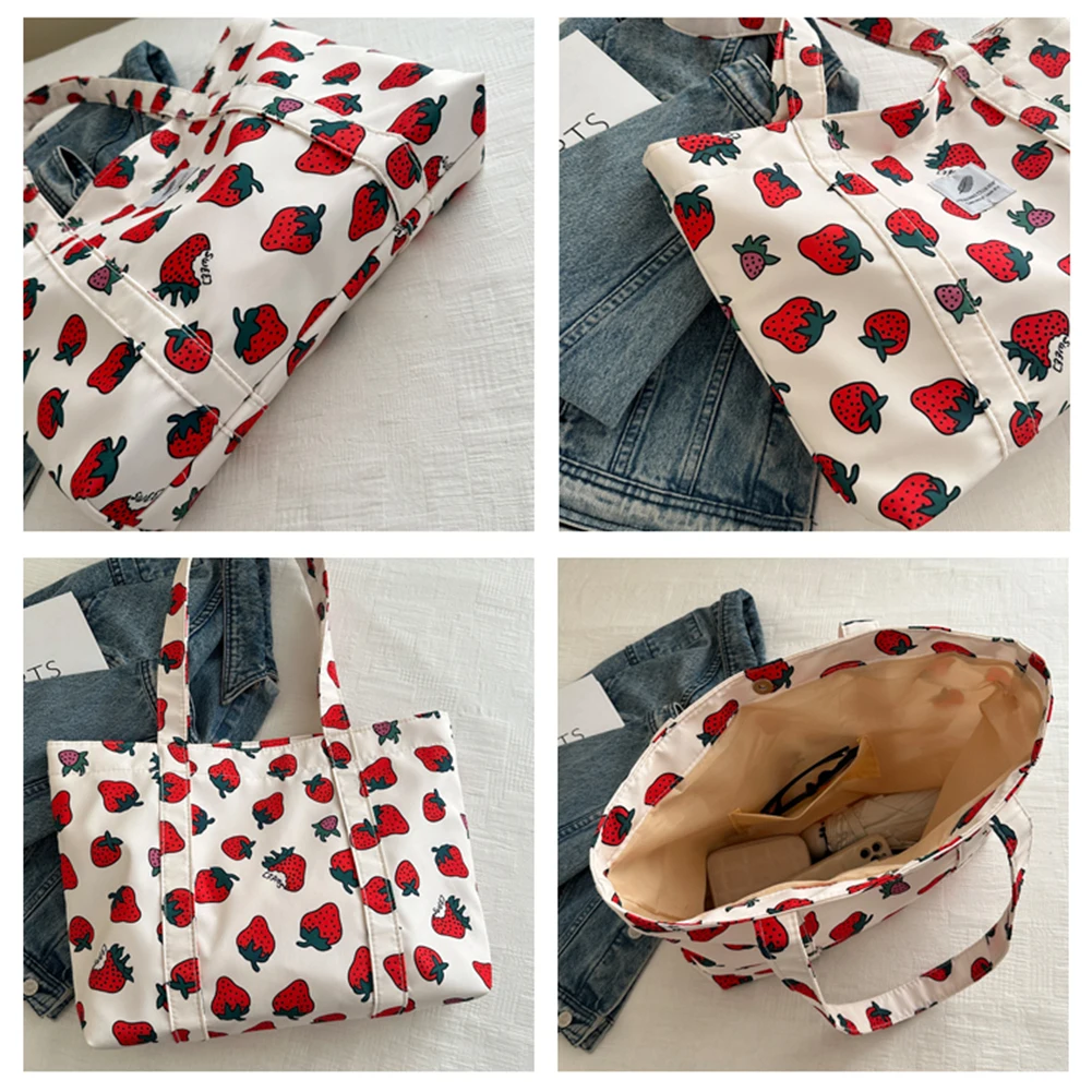 Cute Cherry Strawberry Print Casual Tote Bag Large Capacity Satchel Purse Nylon Top Handle Bag Women Grocery Fashion Shopp Bag