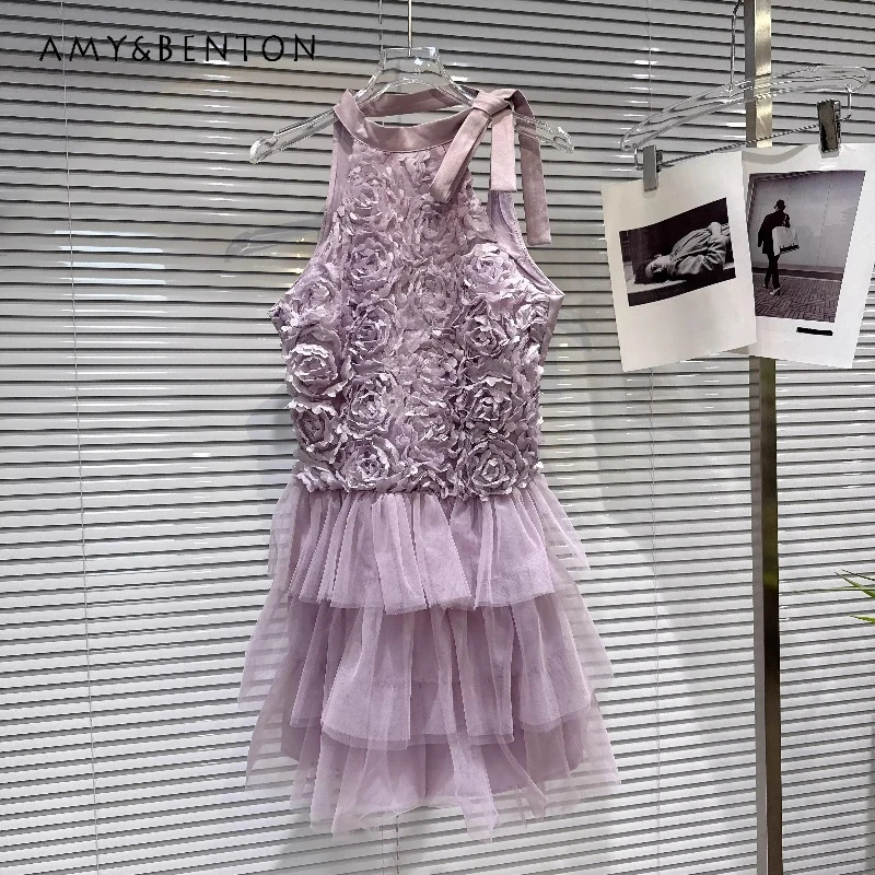 

2026 Summer New Sweet Women's Clothing French Temperament Lace-up Collar Three-dimensional Flower Design Vest Dresses ladies