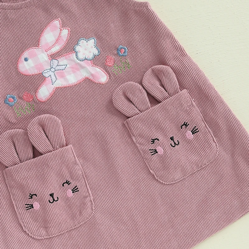 Adorable Baby Girl Easter Outfit with Bunny Applique Short Sleeve Romper Overall Dress and Tie-up Headband - 3 Piece Set for