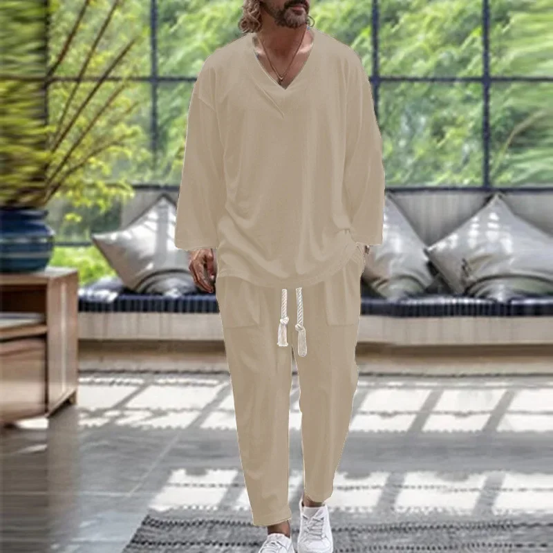 Men's casual V-neck costumes, comfortable shirt, top of the line, long sleeve pants, monochrome document, men's beachwear