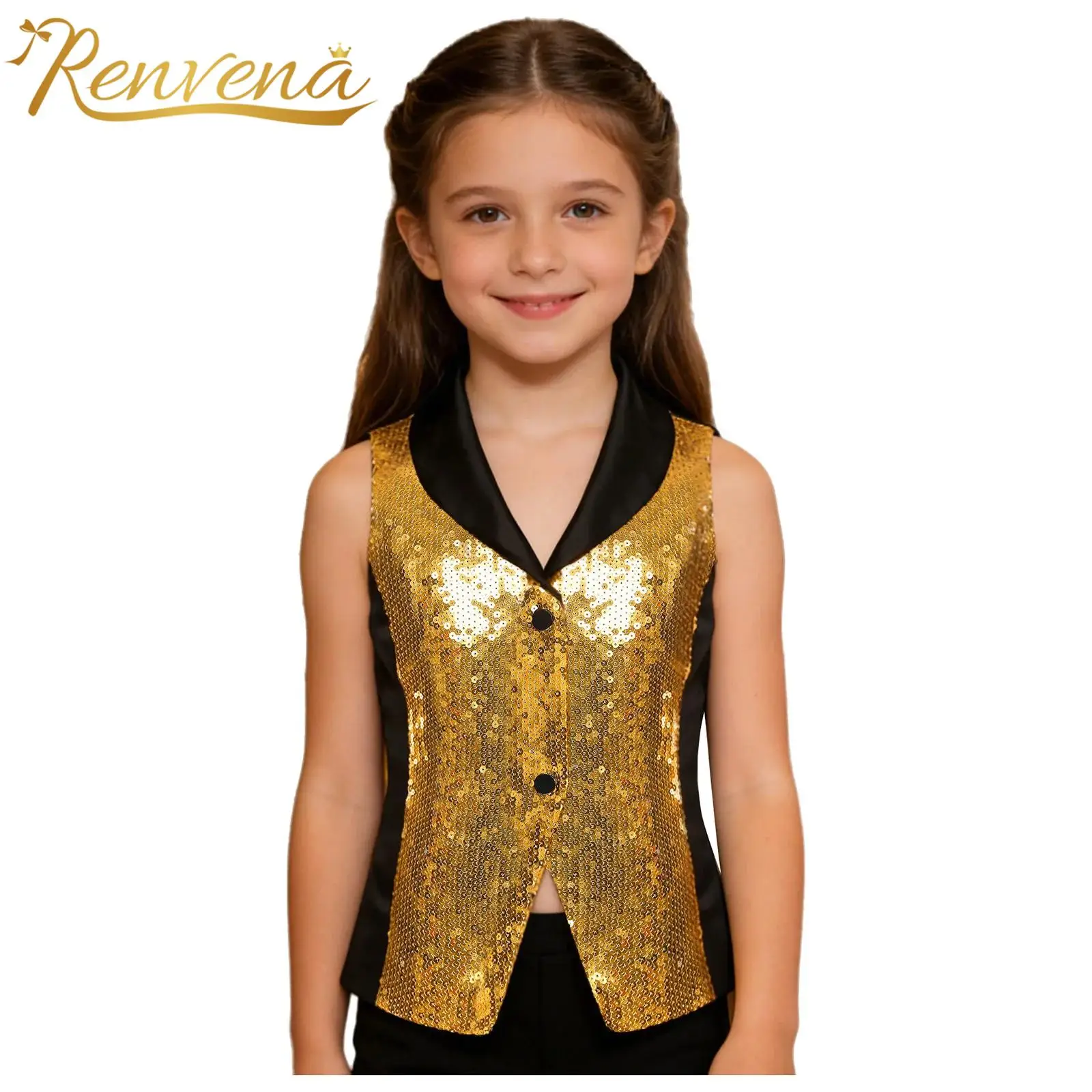 Children's Sequin Vests Girls Jazz Dance Costume Kids Lapel Waistcoat Disco Outfit Music Party Festival Performance Costume Vest