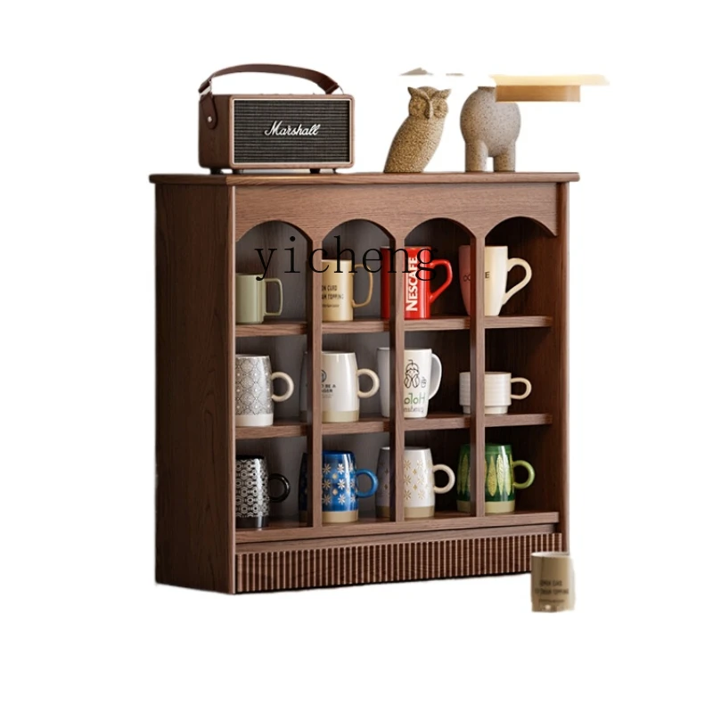 ZC Solid Wood Cup Storage Rack Vintage Cup Holder Integrated Wall Storage Multi-Layer Display Cabinet